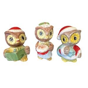 Vintage Owls Set Of 3 Christmas Porcelain Figurines Baking Santa Singing Retro
